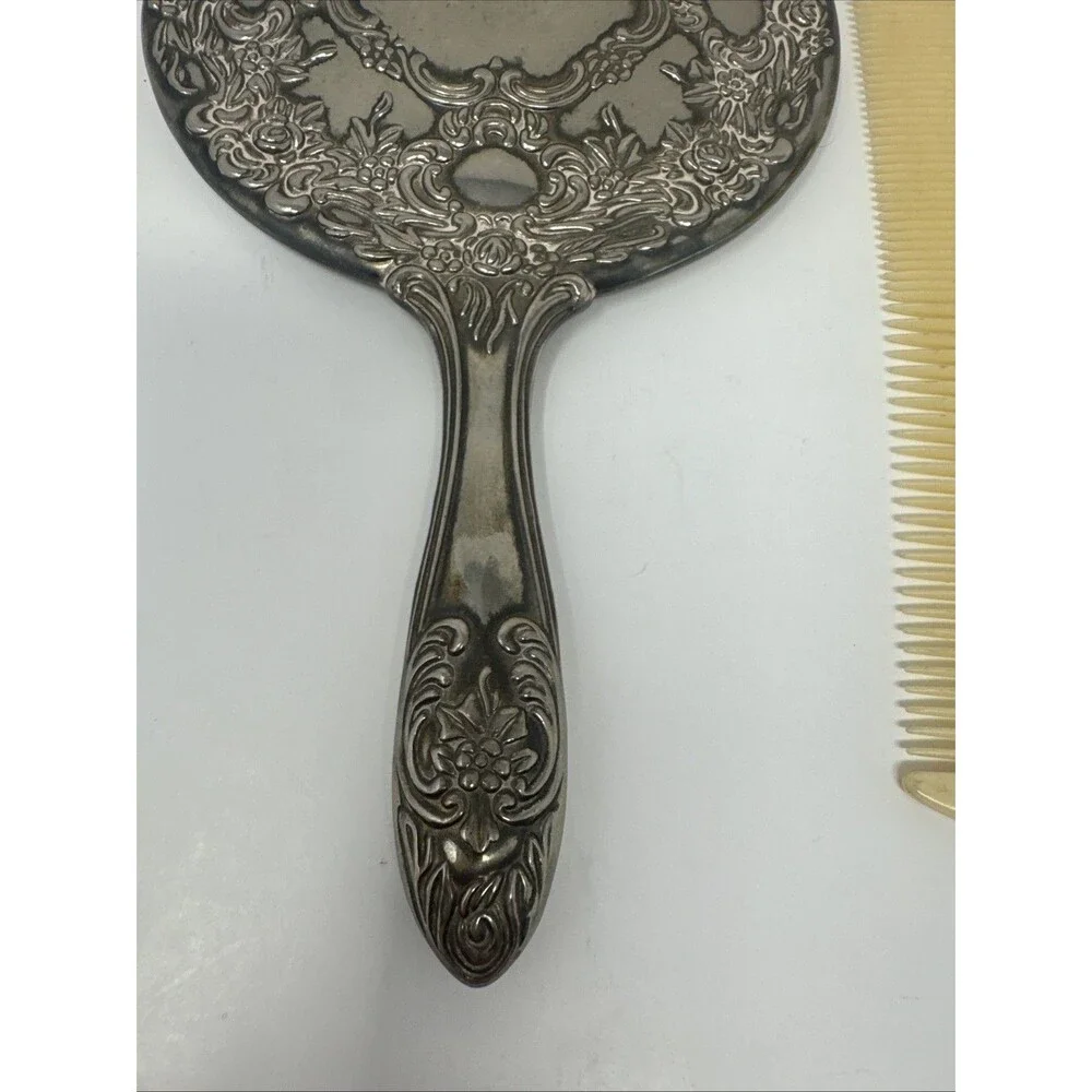 Silver Plated Vanity Set Vtg Hand Mirror Hair Brush Comb Victorian Art Nouveau